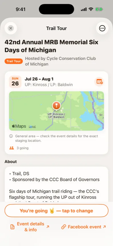 Event page for the CCC Six Days of Michigan with map and RSVP