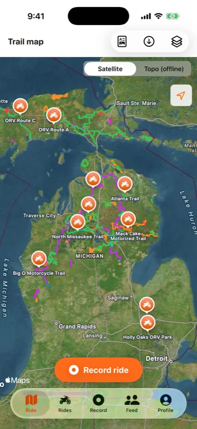 Dirt Bike Buddy trail map of Michigan showing every DNR ORV trail with satellite imagery