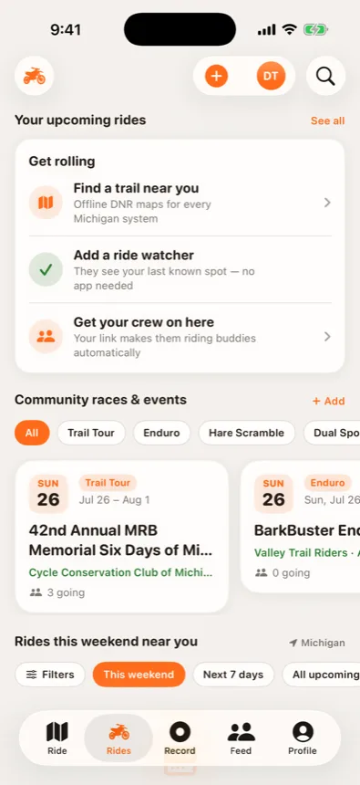 Rides tab with upcoming club races and events