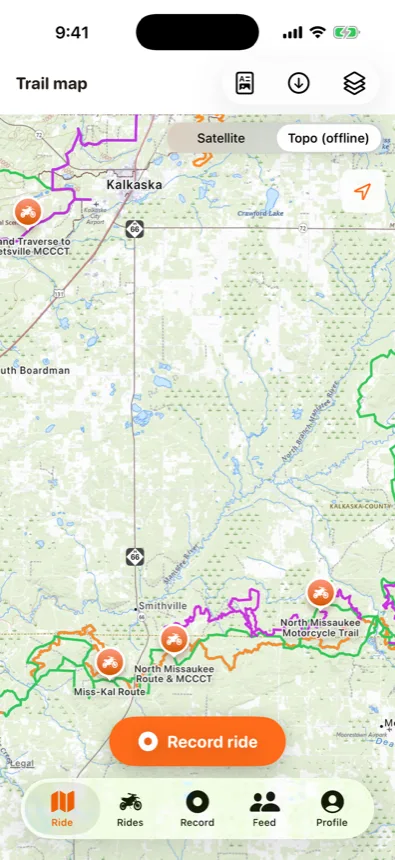 Offline USGS topo basemap with DNR trail overlays near Kalkaska